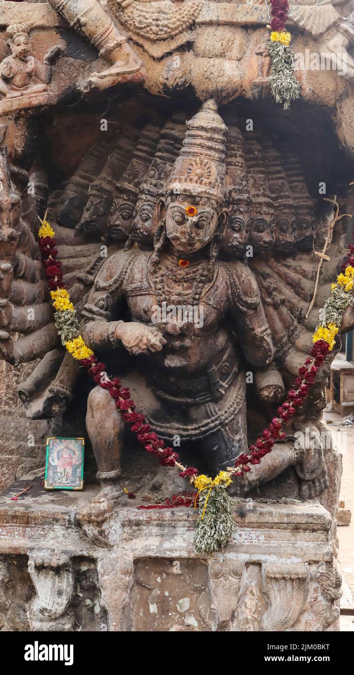 Carving Sculpture of Ravana in front of Meenakshi Amman Temple, Madurai, Tamilnadu, India. Stock Photo