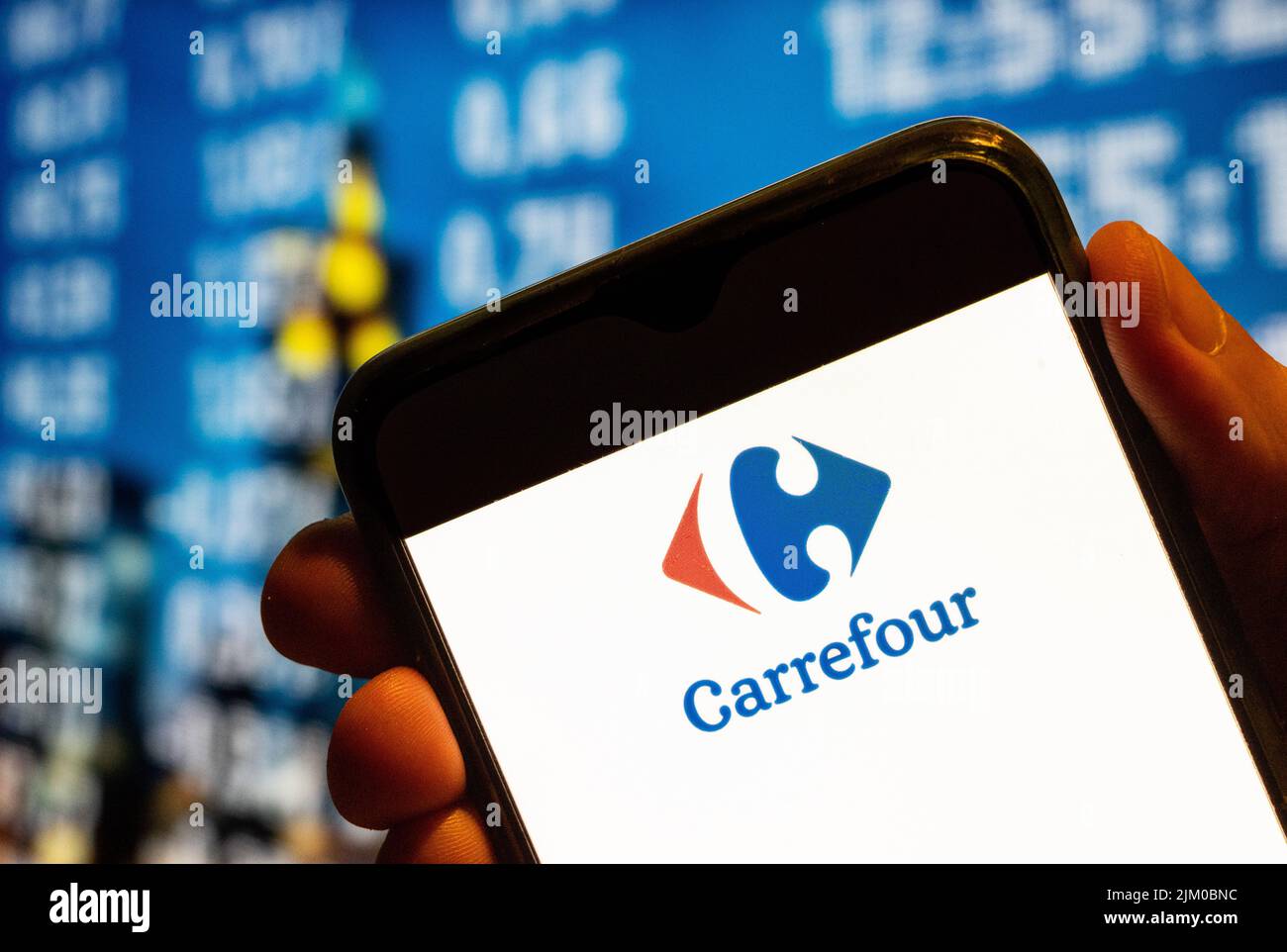 China. 25th July, 2022. In this photo illustration, the French multinational supermarket chain Carrefour logo is displayed on a smartphone screen. (Photo by Budrul Chukrut/SOPA Images/Sipa USA) Credit: Sipa USA/Alamy Live News Stock Photo