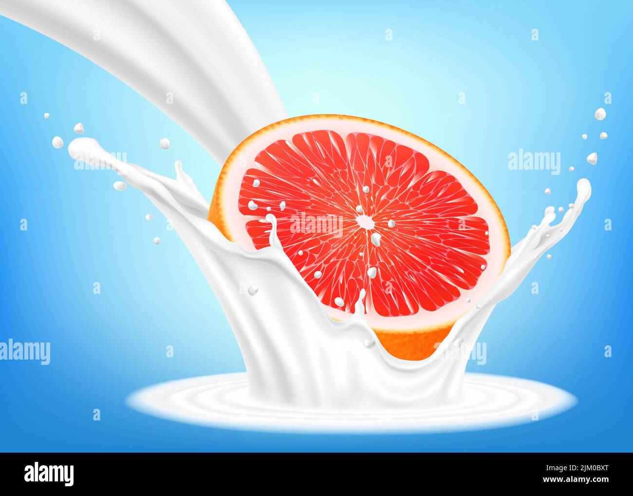 Fresh grapefruit in a splash of milk on a blue background. Grapefruit