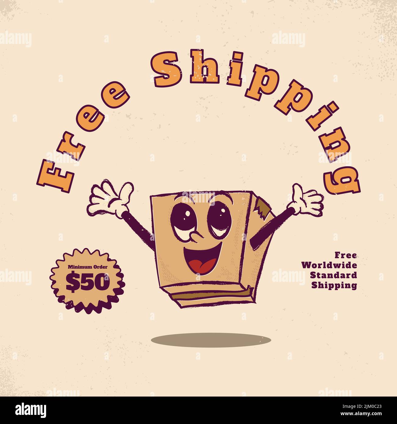 free shipping. happy package cartoon face. face retro mascot with face. vintage style cartoon face vector illustration Stock Vector