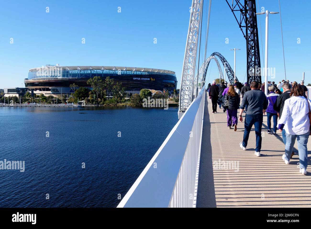 Matagarup pedestrian bridge crossing over the swan river with Perth Stadium, Burswood, Perth, Western Australia Stock Photo