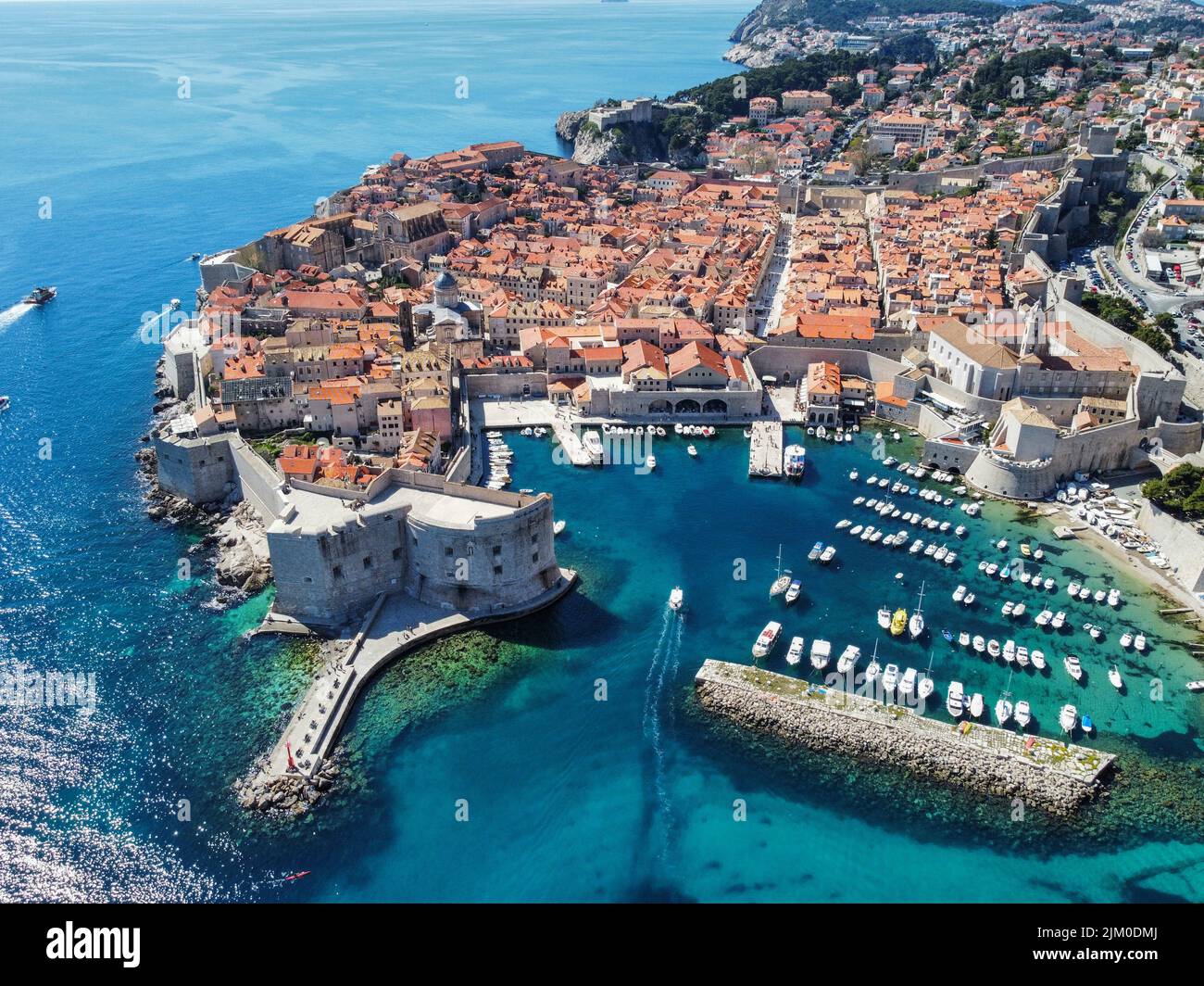 An Aerial View Of Buildings And A Castle By The Adriatic Sea In An Aerial View Of Buildings And A Castle By The Adriatic Sea In