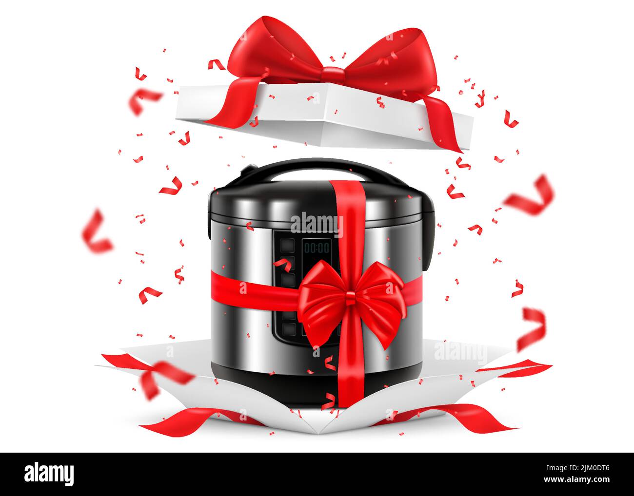 Multicooker with red ribbon and bow inside open gift box. Gift concept. Kitchen appliances. Isolated 3d vector illustration. 3D rendering. Stock Vector