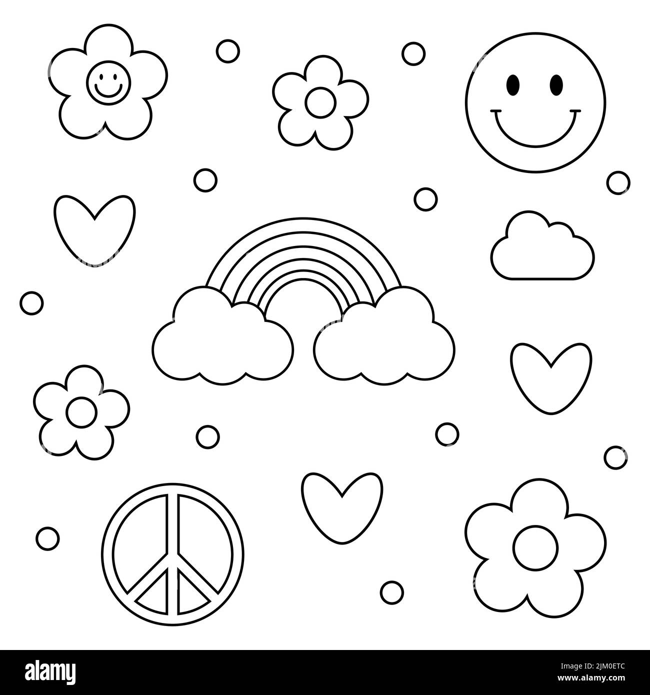 1970 trippy groovy doodle set. Line daisies, hearts, rainbow, smile, peace, cloud on white background. 60s, 70s vibes elements, cartoon stickers. Groo Stock Vector