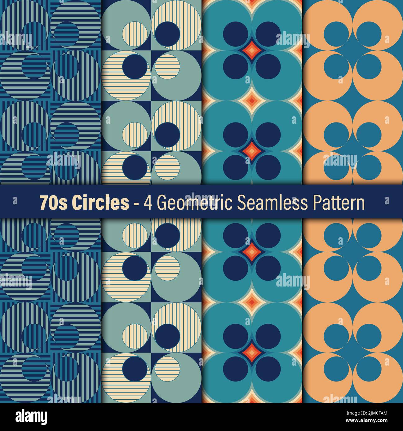 Add a retro touch to designs with the 70s Circle Set! 4 non-concentric circle shapes, bold blue & orange. Inspired by 70s style. Vibrant & unique. Stock Vector