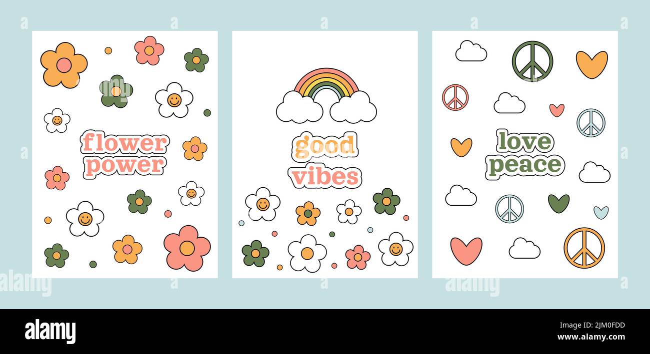 Flower power groovy 1970 set. Three postcards with colorful cartoon daisies, rainbow, hearts, symbol peace, cloud on white background. 70s vibes backg Stock Vector