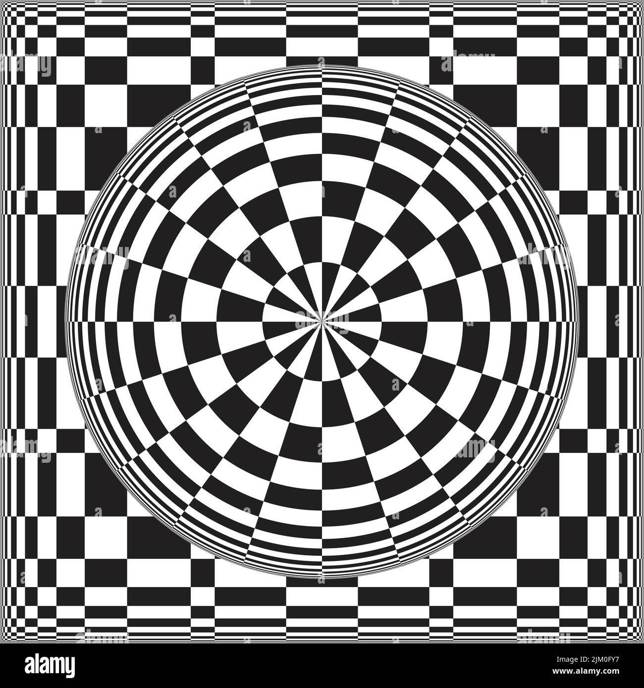 Black and white contrast create a faux 3d optical illusion. Geometric, distorted checker pattern. Target button on checkerboard. Psychedelic and trend Stock Vector