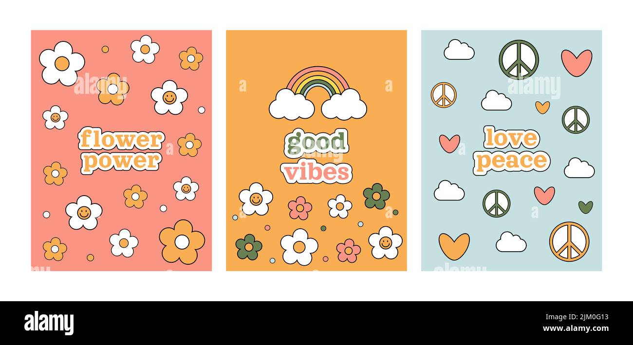 Flower power groovy 1970 set. Three postcards with colorful cartoon daisies, rainbow, hearts, symbol peace, cloud. 70s vibes background. Trippy hand d Stock Vector
