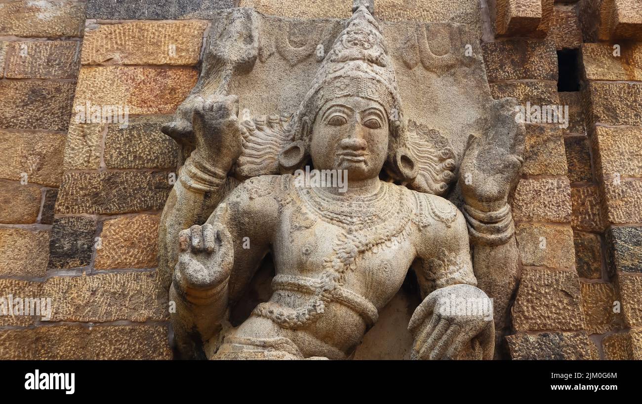 Stone Sculpture of doorkeeper or Dwarpala, Gangaikonda Cholapuram, Ariyalur, Tamilnadu, India. Stock Photo