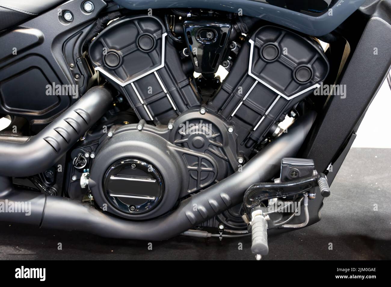 closeup awesome black engine of custom motorcycle Stock Photo