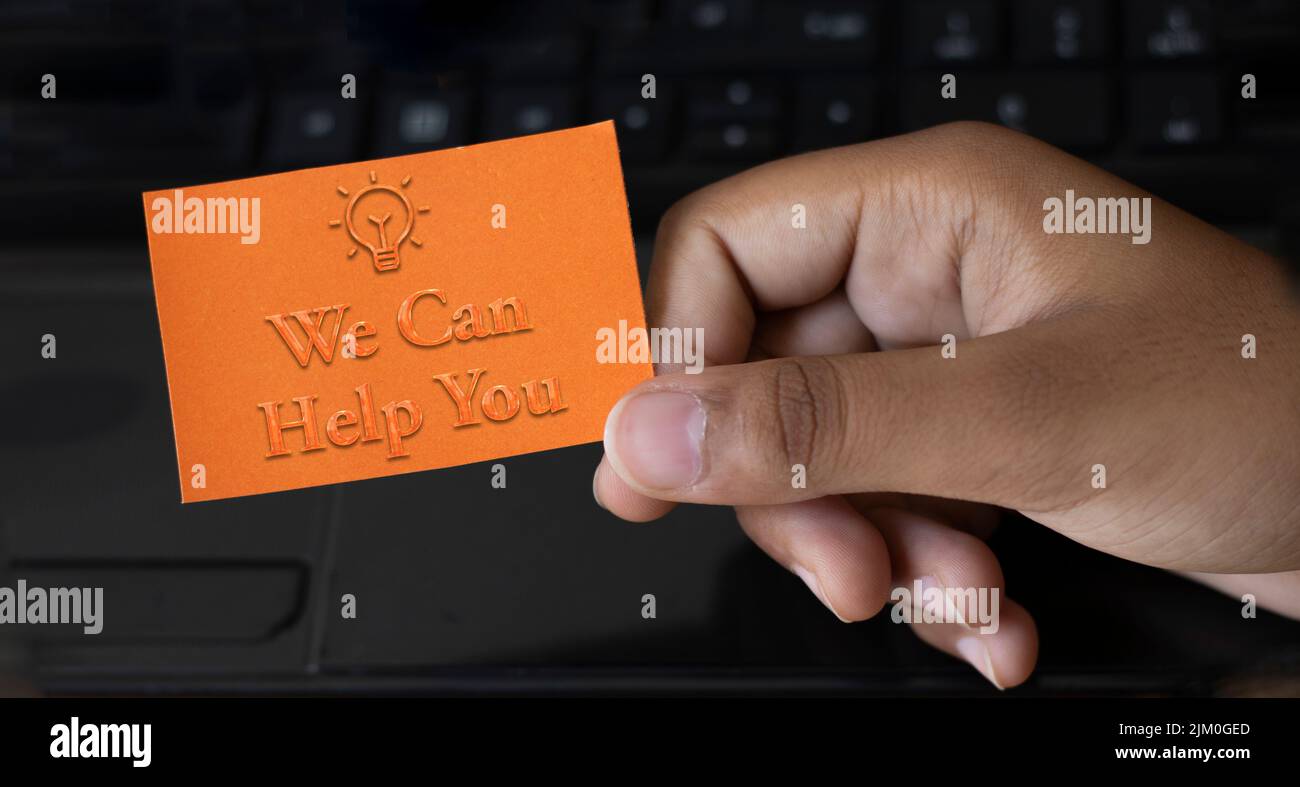 We can help you Woman message on the card, we can help you, isolated Stock Photo