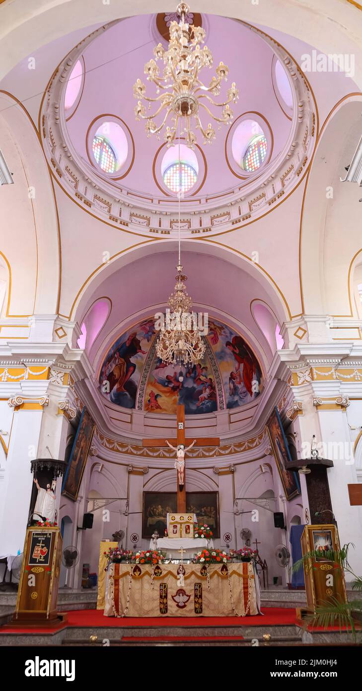 Interior and Inside View of The Basilica of the Sacred Heart of Jesus Church, Pondicherry now known as Puducherry, India. Stock Photo
