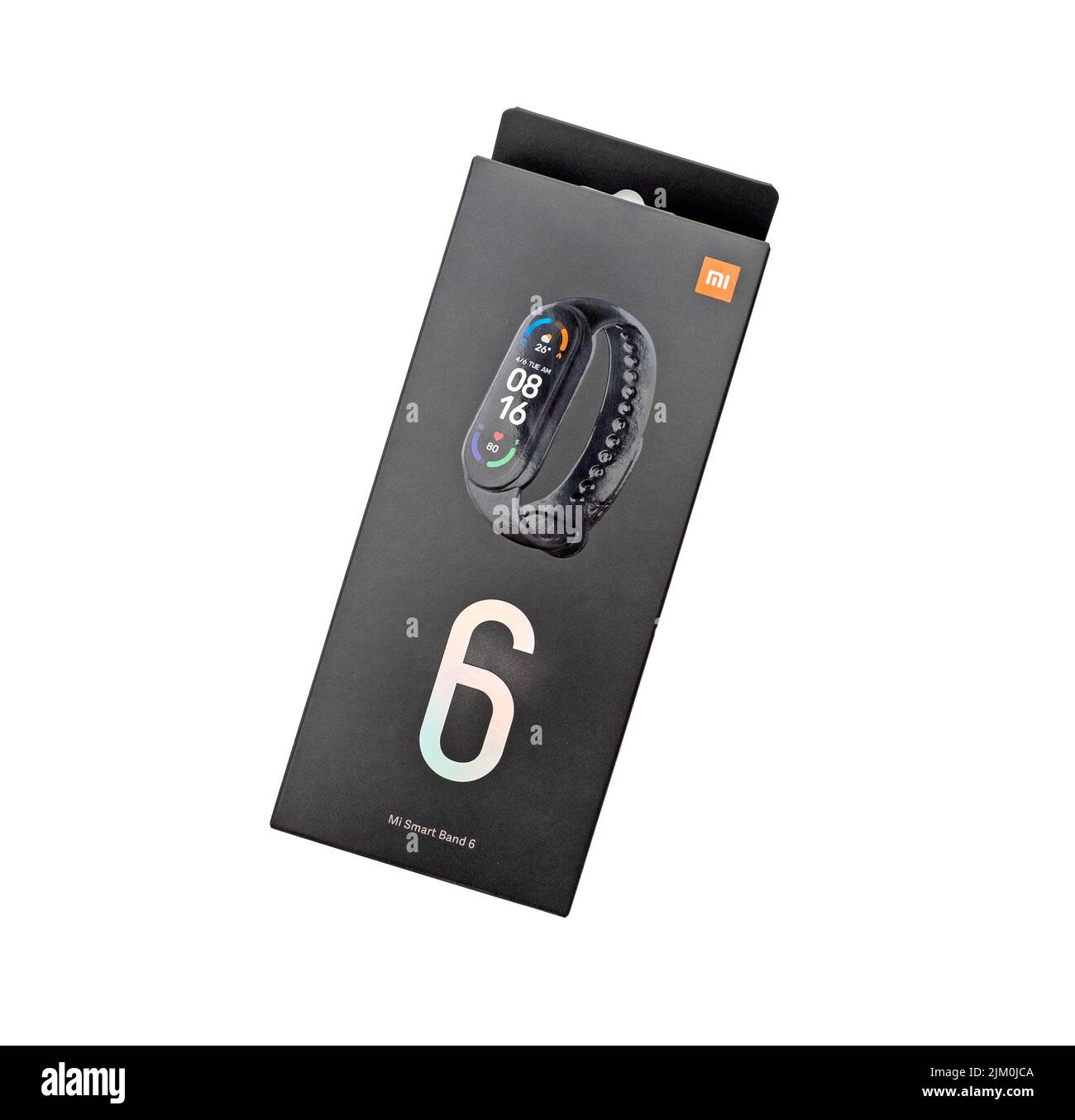 BERLIN - JUL 20: Box of  Xiaomi Mi Band 6 isolated on white in Berlin, July 20. 2022 in Germany. Xiaomi Inc is a Chinese designer and manufacturer of Stock Photo