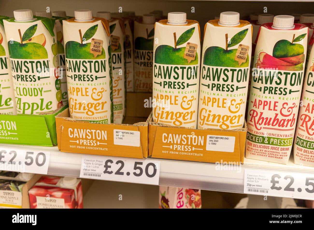 Cawston press juices in various flavours including apple and ginger, in an English supermarket,Uk Stock Photo