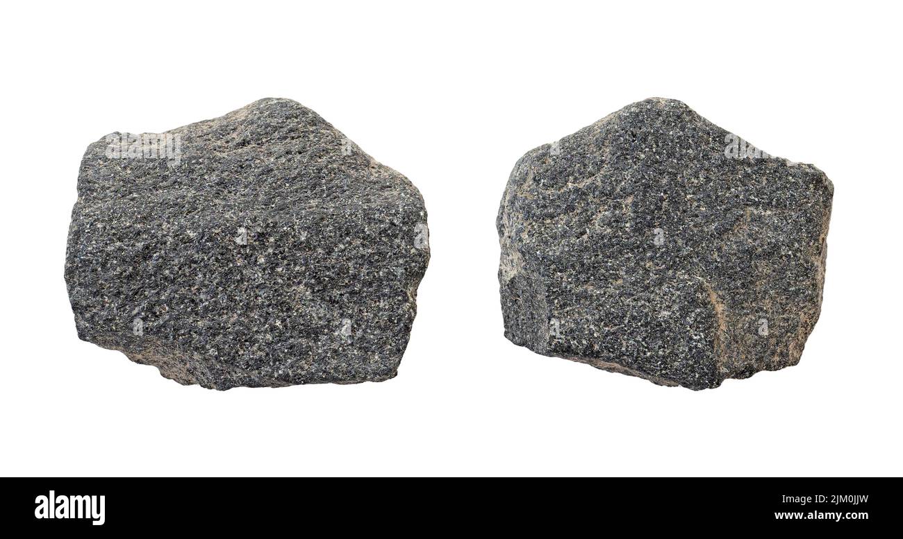 Two gray stones as pieces of rock isolated on white background Stock Photo