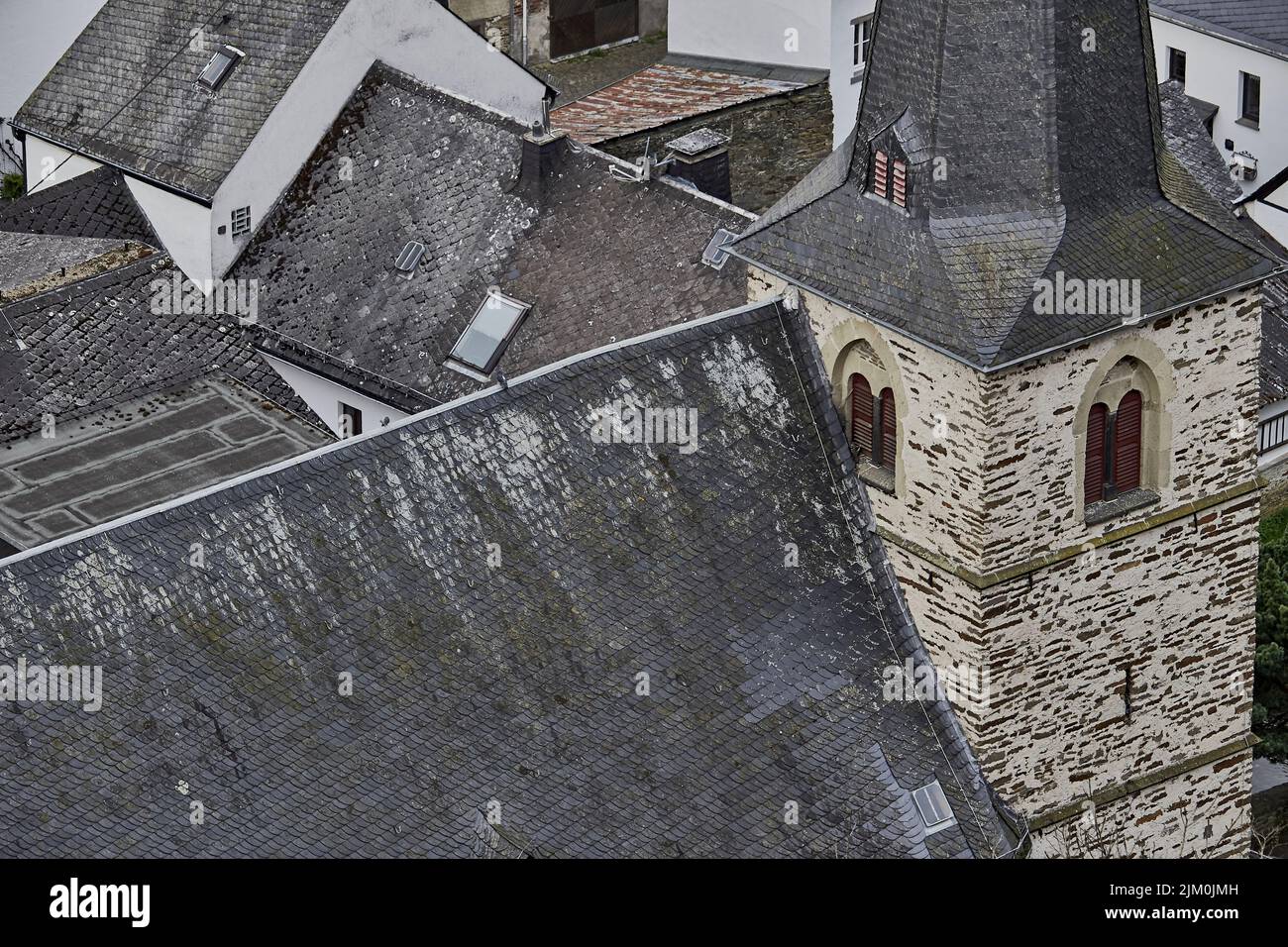 An aerial view of the roof of the Roman Catholic parish church of the Holy Trinity in Monreal, Germany Stock Photo