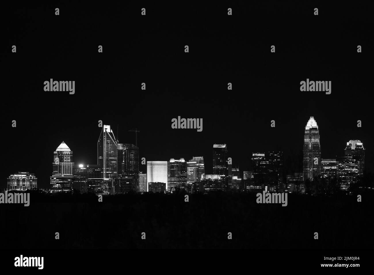 The grayscale shot of the night city lights. Charlotte, North Carolina