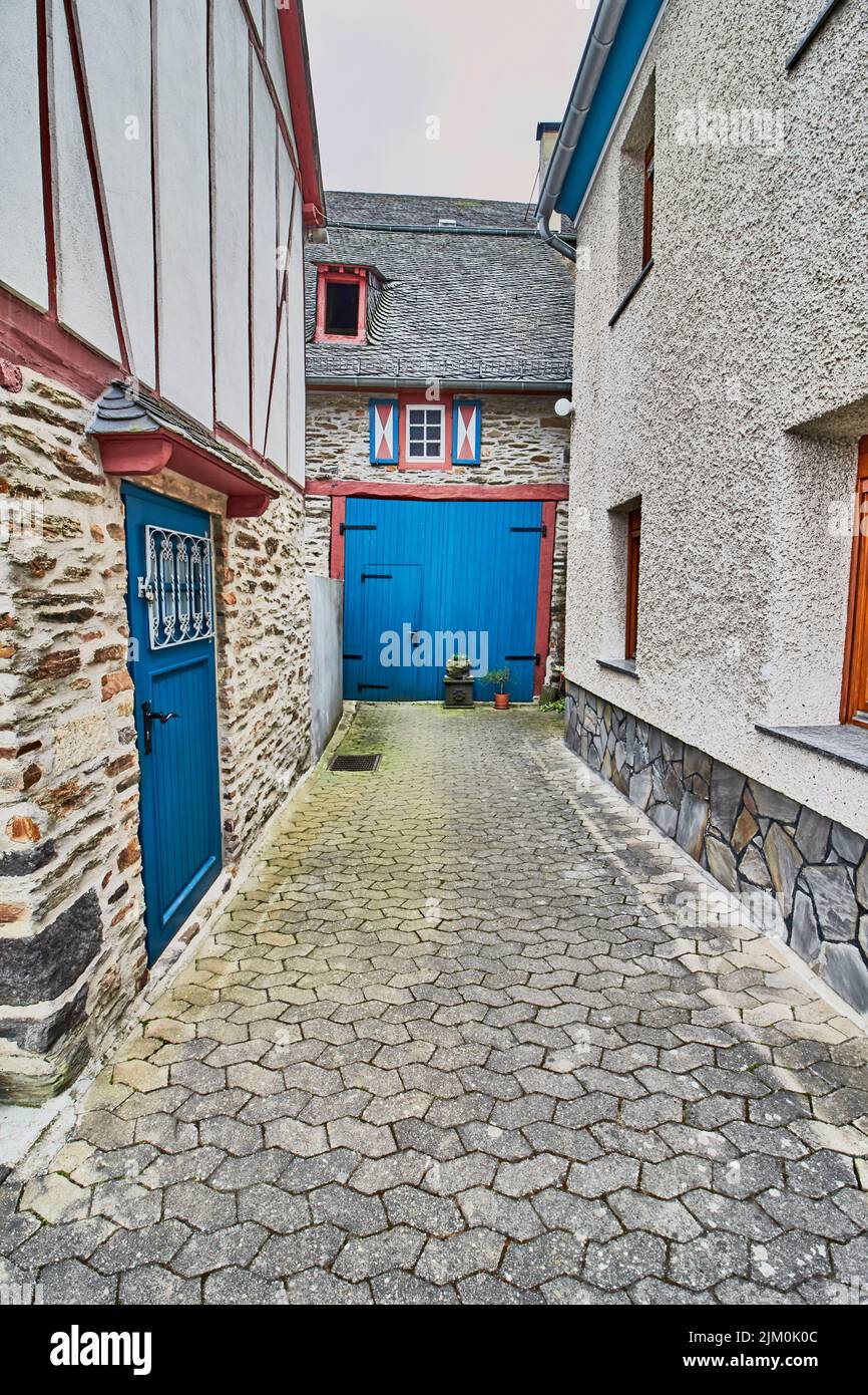 A beautiful shot of a stone floor street with old houses in the old village Monreal buildings, Germany Stock Photo