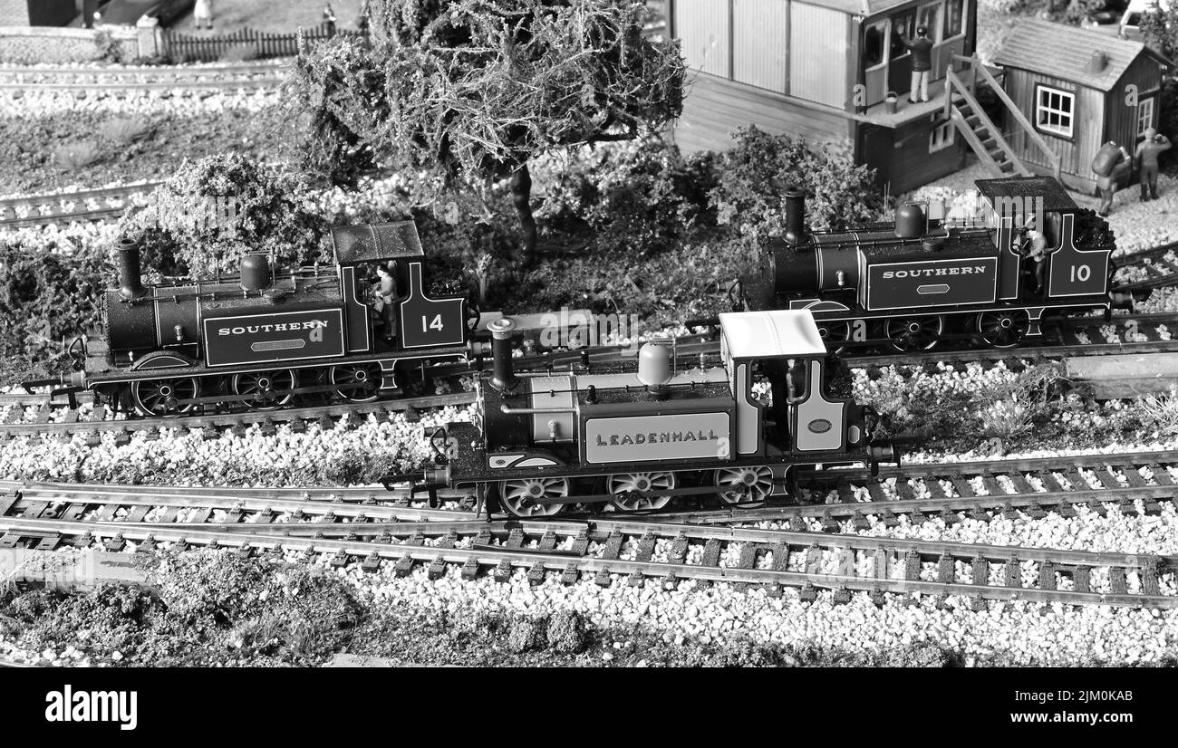 A triple set of model Terrier locomotives. Stock Photo