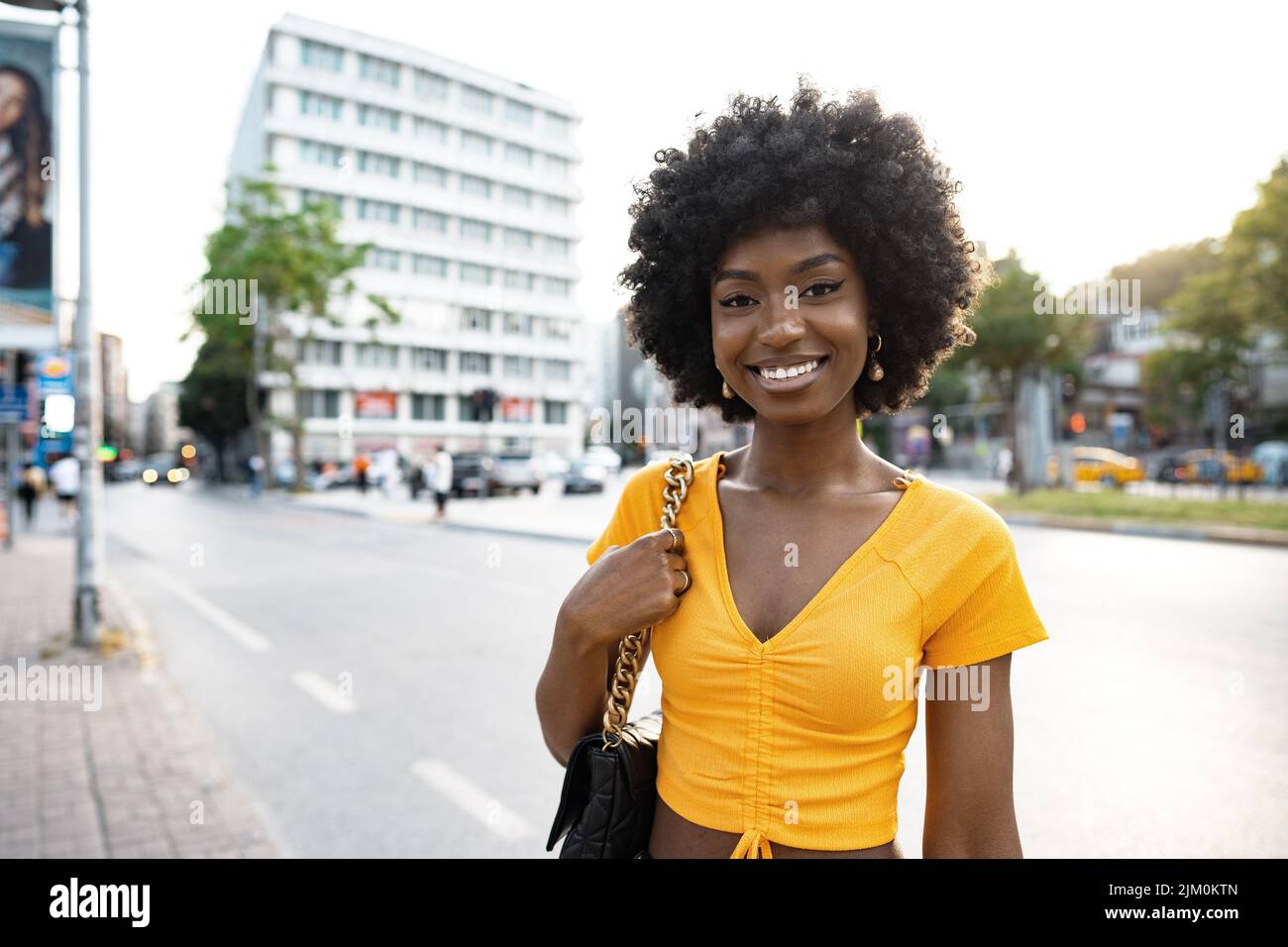 Portrait of a young african american woman smiling standing at the city ...
