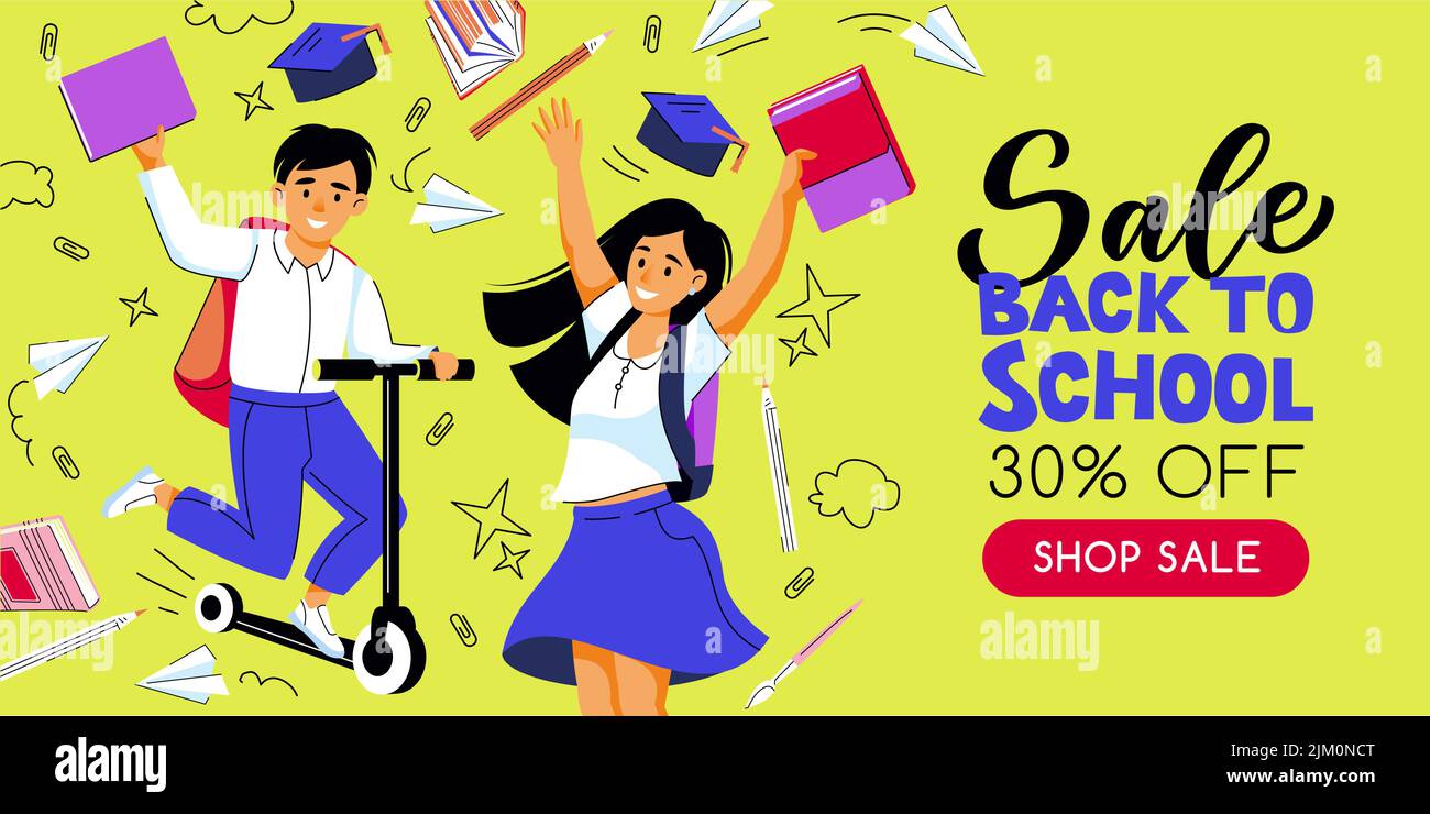 Back to school sale banner or poster design template. Vector flat cartoon kids illustration. Happy jumping girl with book and boy on kick scooter. Stu Stock Vector