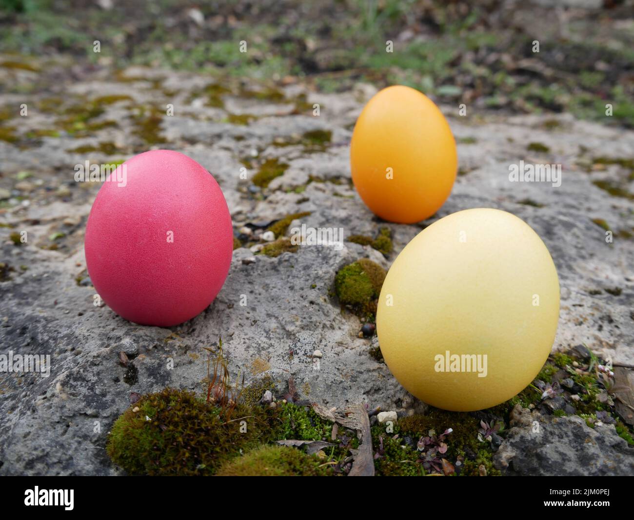 Three colored easter eggs on a stone Stock Photo