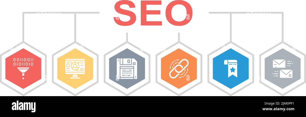 SEO vector illustration concept. Bookmark, Hosting, Hyperlink, Advertisement, Data Transfer promotion banner isolated on white background. Stock Vector