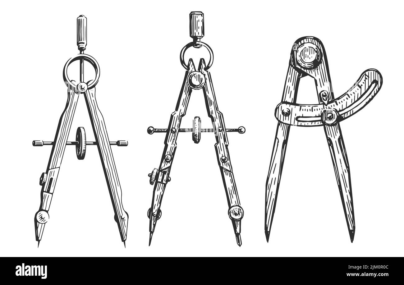 Drafting compass set. Hand drawn vintage divider isolated. Sketch vector illustration drawn in engraving style Stock Vector