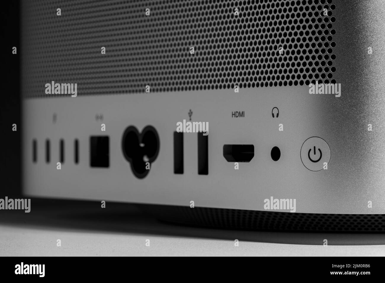 Macro closeup still life of desktop computer system with power button