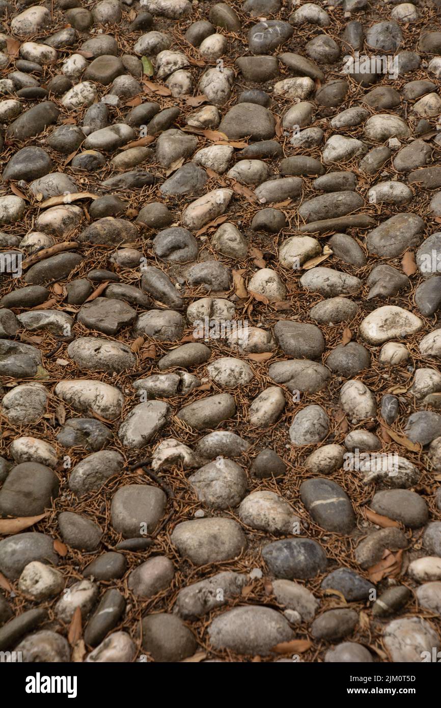 old uneven cobblestone pavement with small round stones Stock Photo