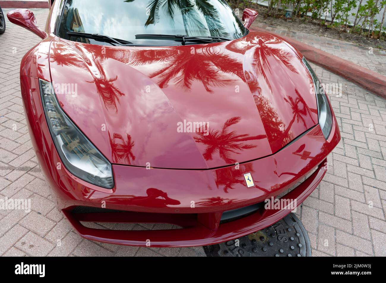 Miami Beach, Florida USA - April 18, 2021: red Ferrari 488 GTB, top view Stock Photo