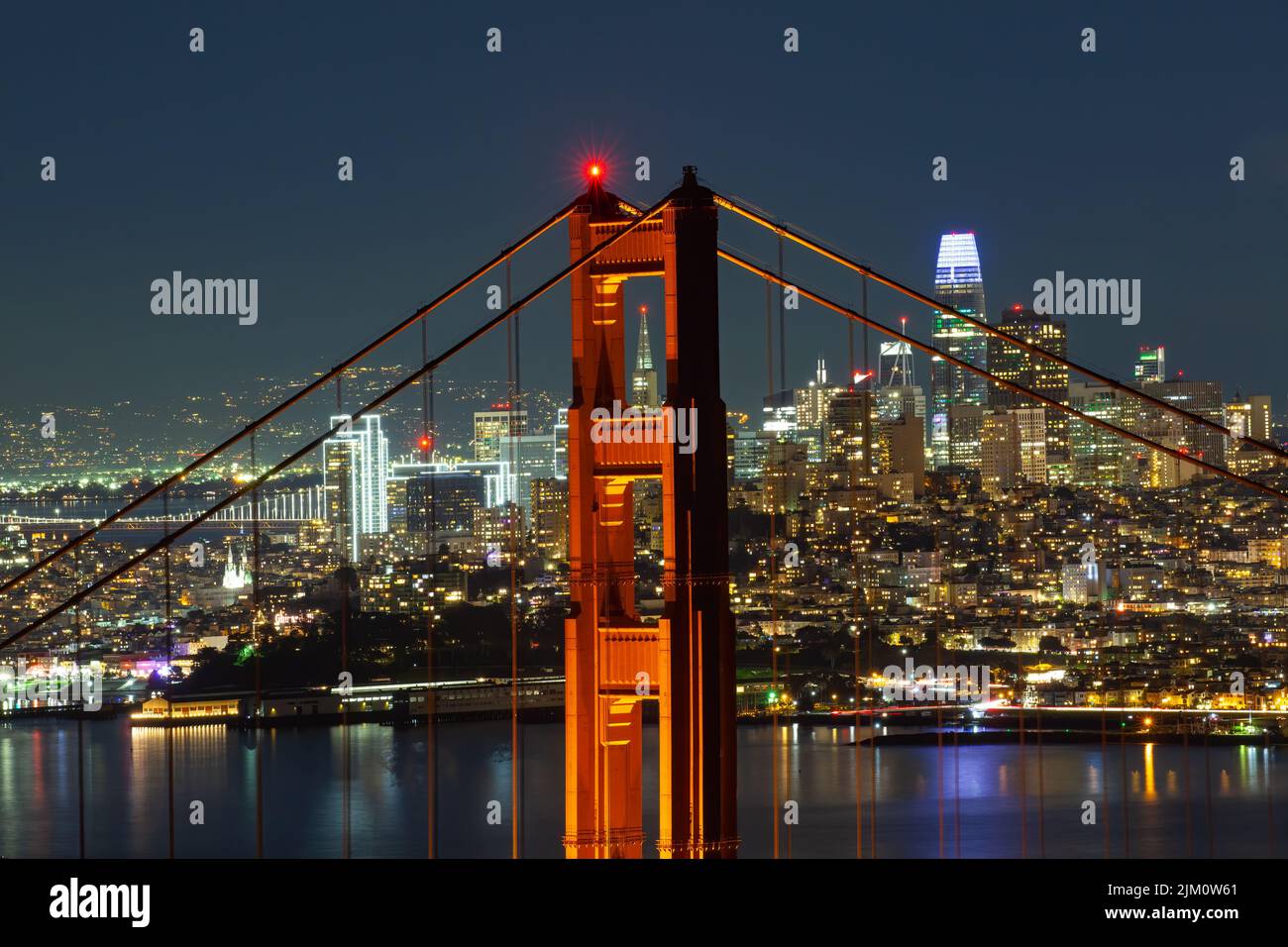 An aerial view of the Golden Gate bridge and the illuminated skyline of San Francisco at night Stock Photo