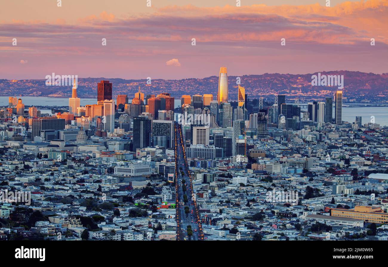 An aerial view of the beautiful San Francisco skyline at sunset Stock ...