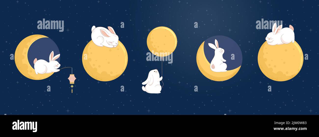 Mid Autumn Festival Concept Design with Cute Rabbits, Bunnies and Moon ...