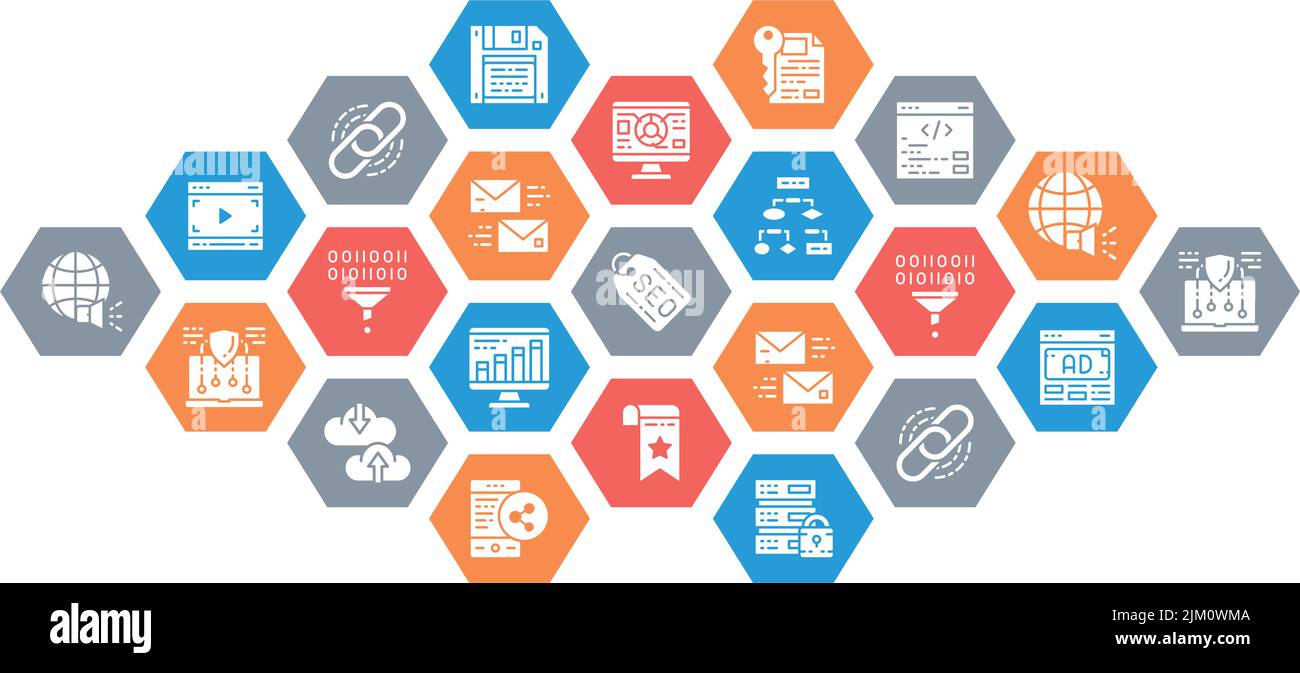 SEO web design banner and presentation. Bookmark, Hosting, Hyperlink, Advertisement, Data Transfer vector illustration. Stock Vector