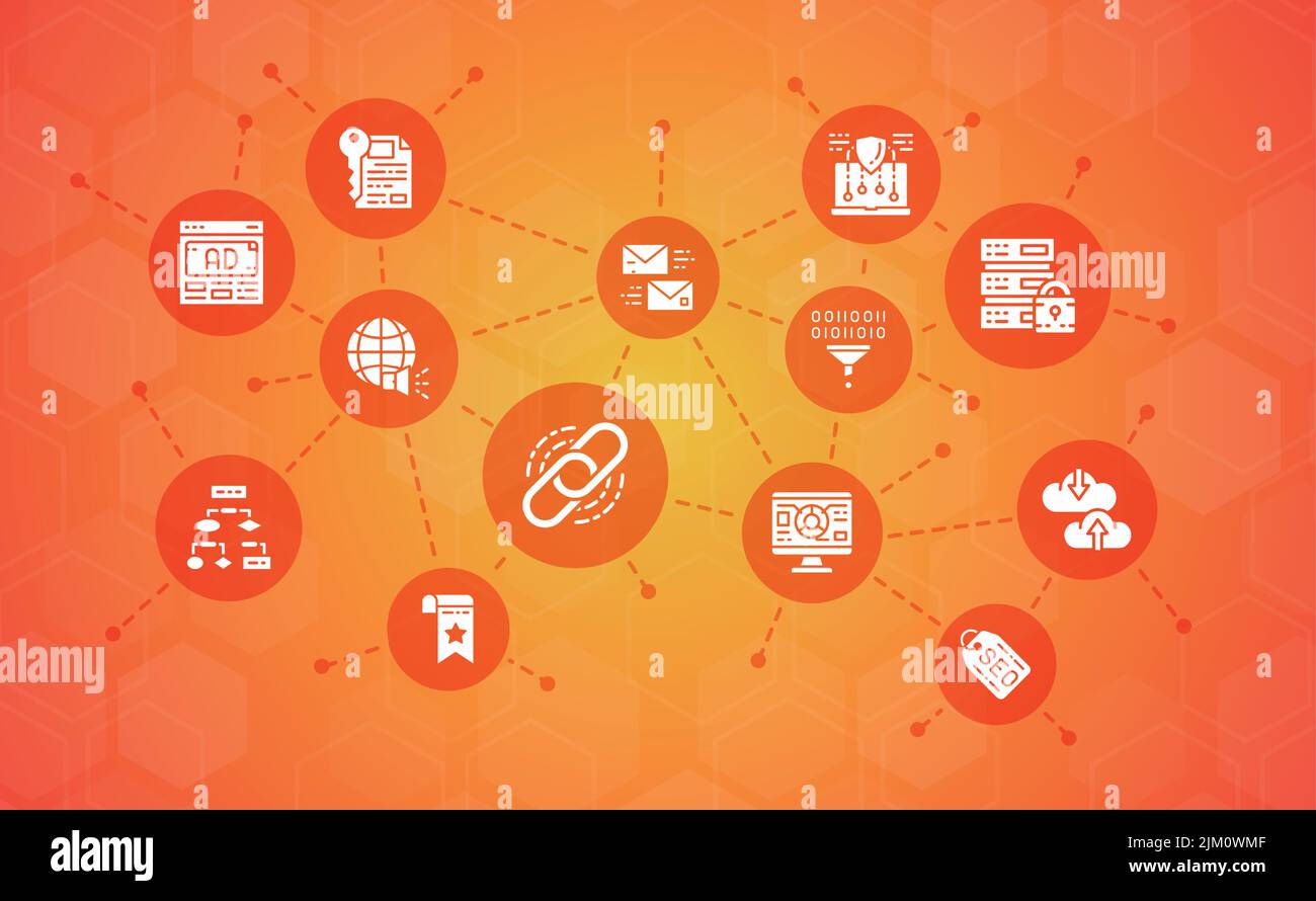 SEO promotion icons illustration. Bookmark, Hosting, Hyperlink ...