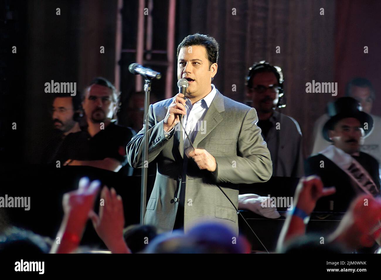 A beautiful shot of  Jimmy Kimmel introducing the band Audioslave featuring Chris Cornell live on Hollywood Blvd. in Hollywood CA Stock Photo