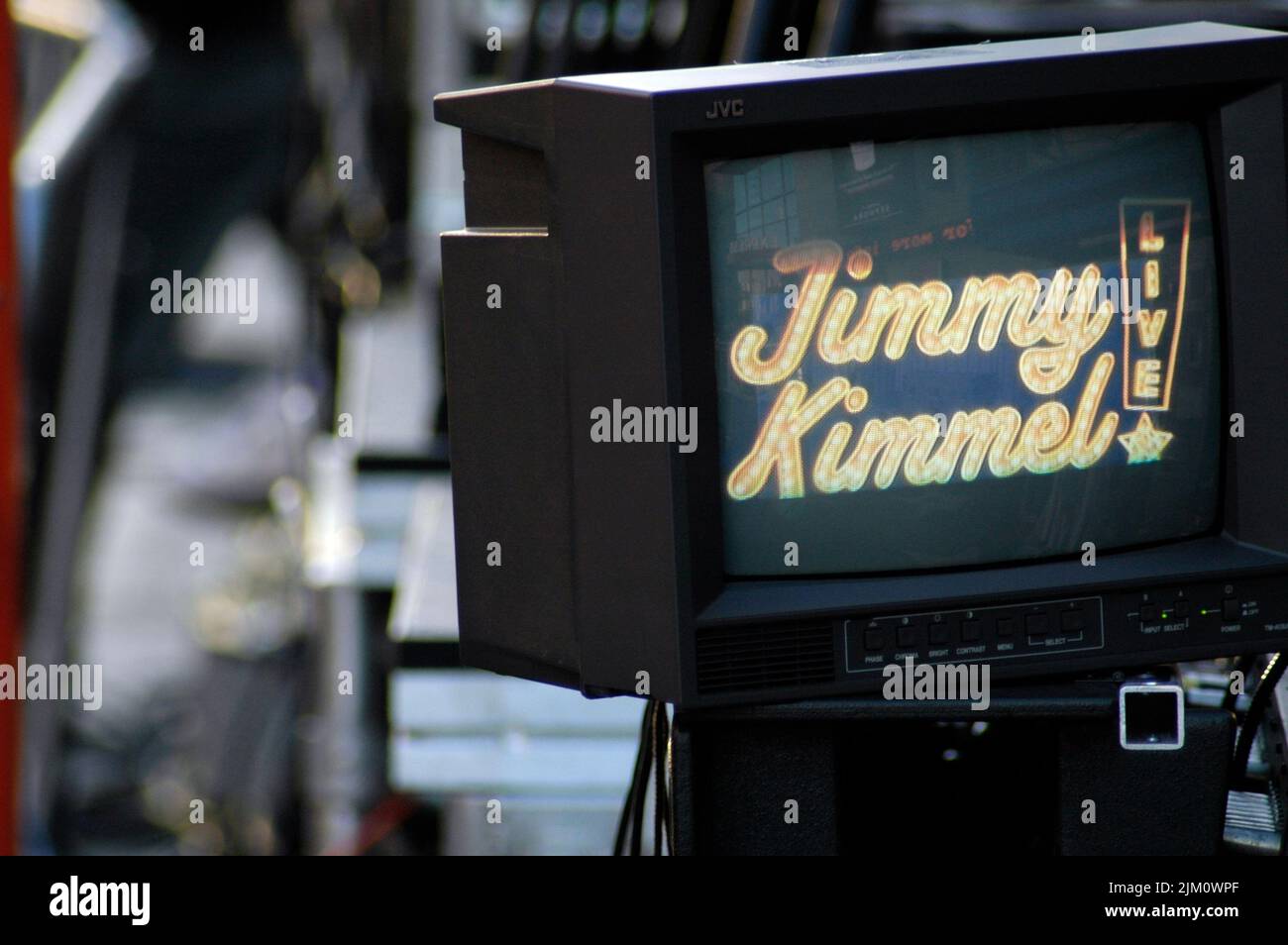 The 'Jimmy Kimmel Live' logo on a production monitor on Hollywood Blvd. during the live performance of Audioslave featuring Chris Cornell in USA Stock Photo