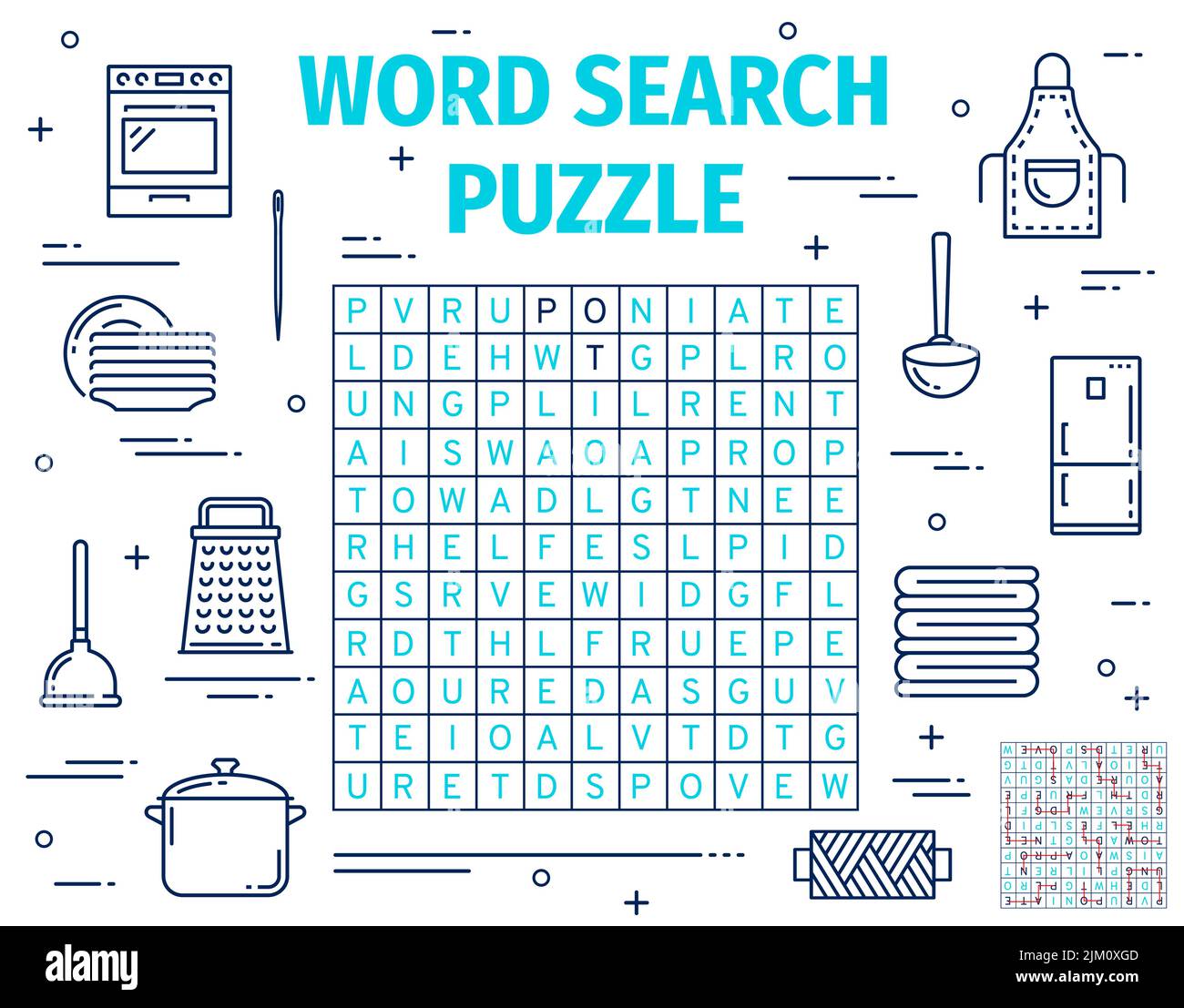 Household chores, appliances and kitchenware word search puzzle game vector worksheet. Quiz of