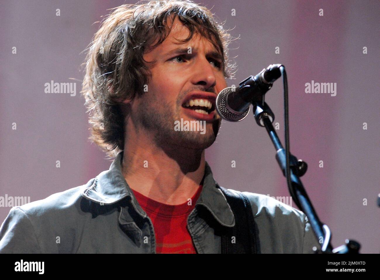 A closeup of James Blunt performing at the former Gibson Amphitheater