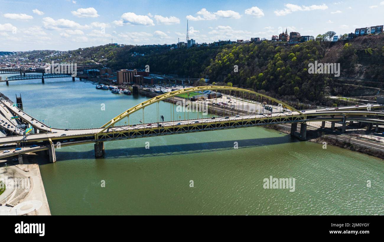 An aerial of a bridge in Pittsburgh  on a sunny morning Stock Photo