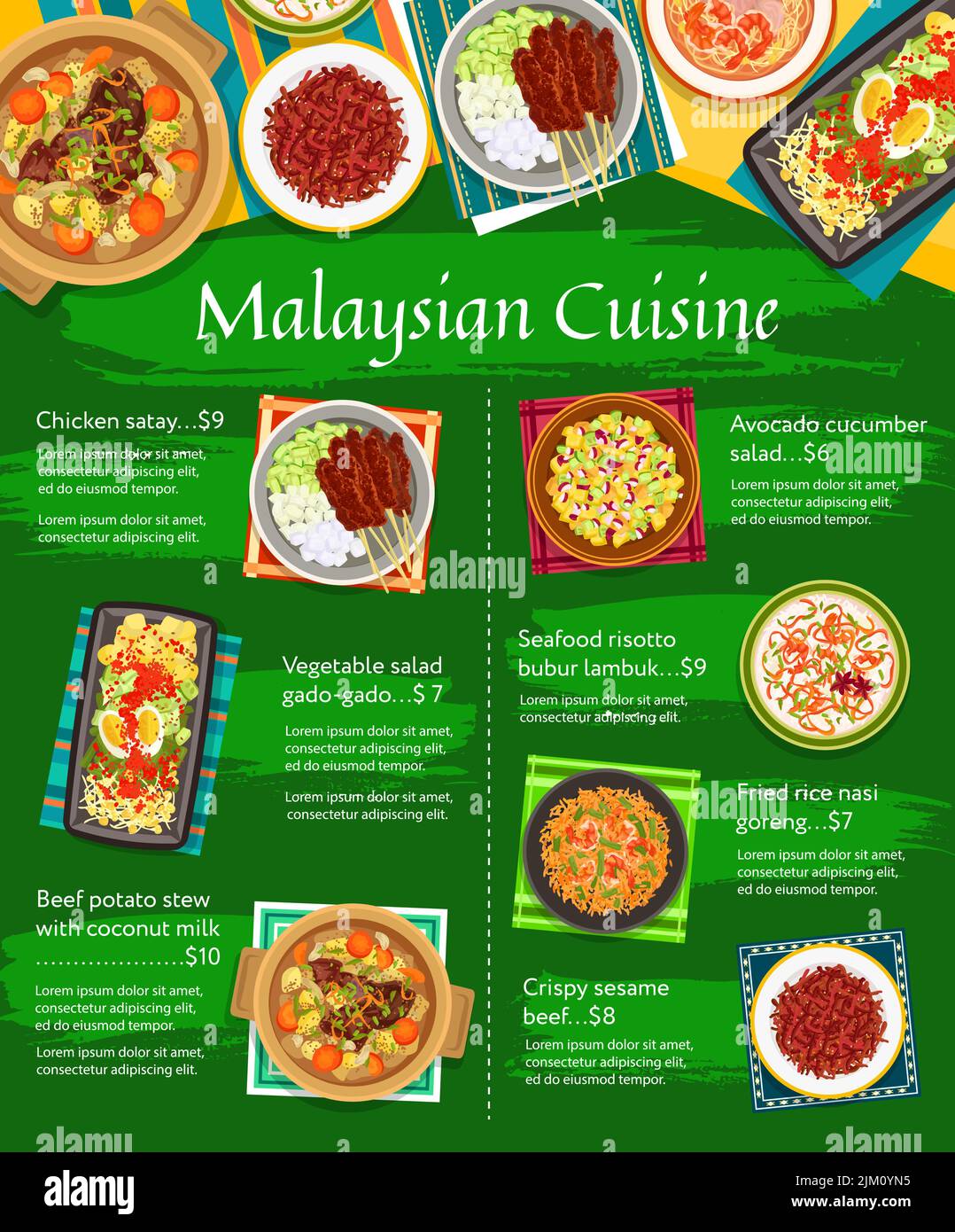 Malaysian cuisine menu, Asian lunch food dishes and dinner meals