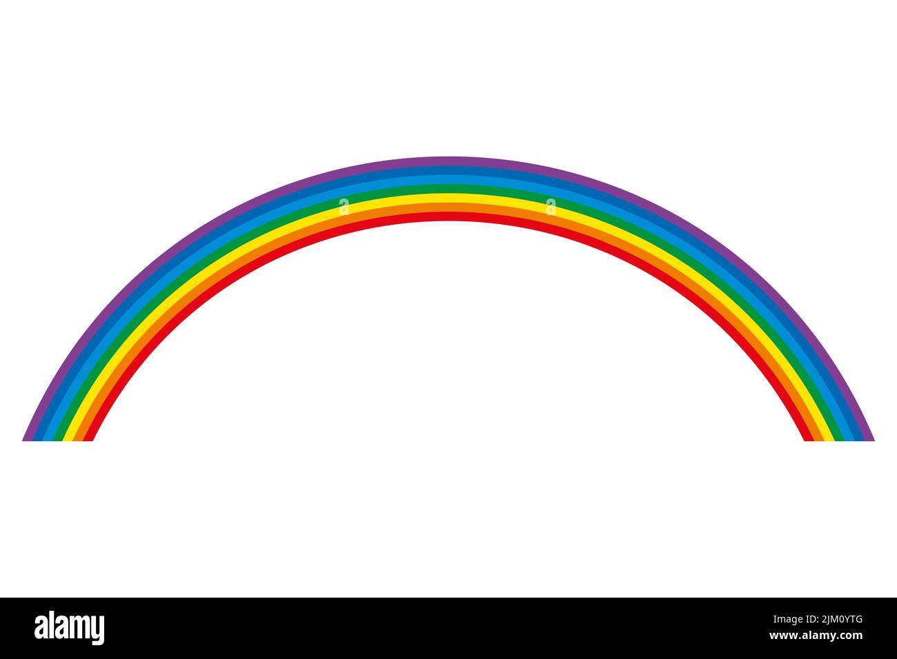Rainbow, multicolored circular arc. 7 bent color bars, representing the spectrum of the visible light. Red, orange, yellow, green, cyan, blue, violet. Stock Photo