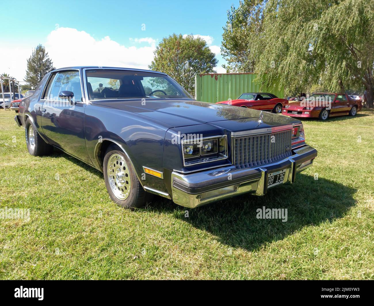 Chascomus, Argentina - Apr 9, 2022: Old blue Buick Regal coupe First Generation 1973 - 1977 by GM parked on the grass. Classic luxury car. Copyspace Stock Photo