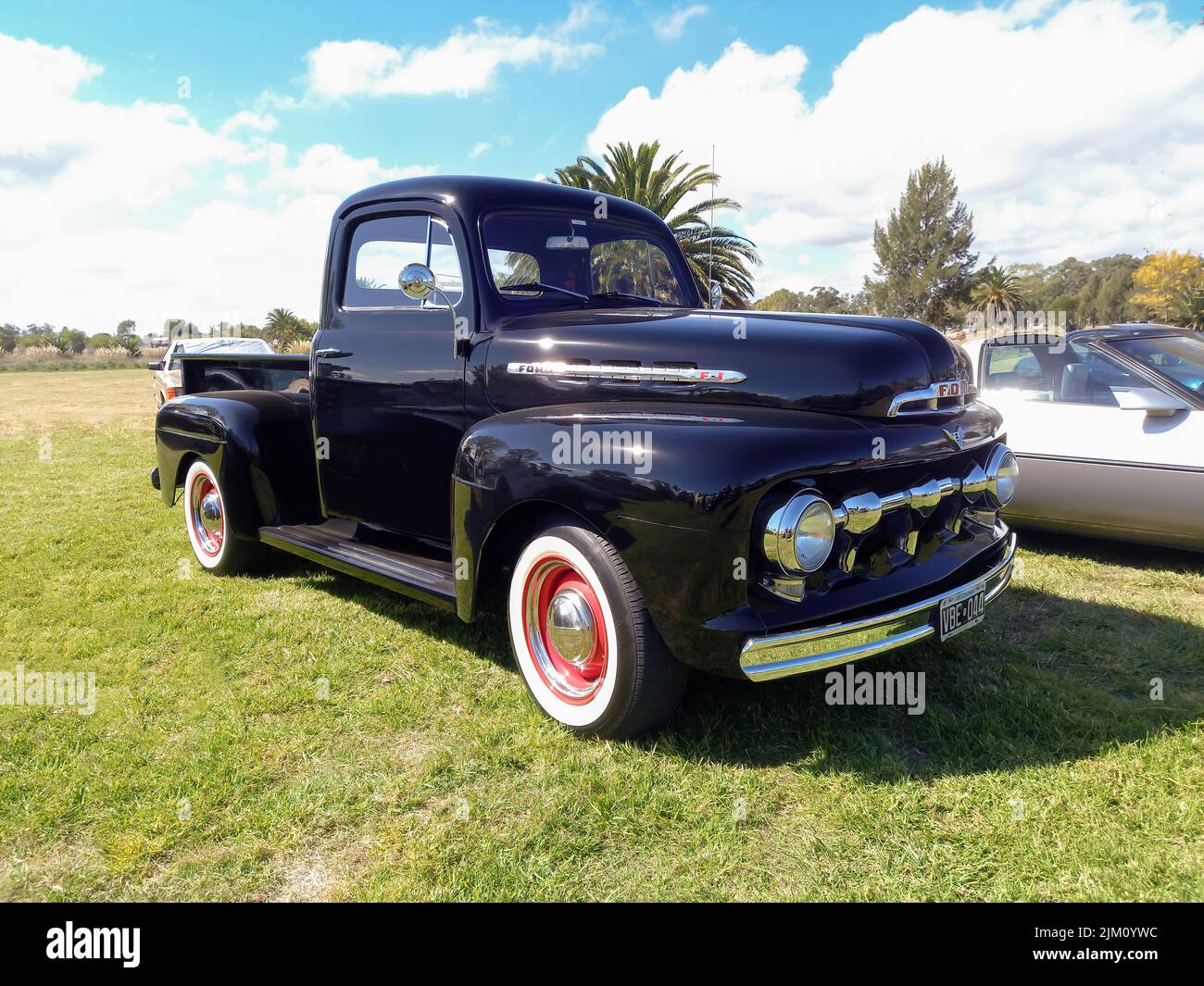 Chascomus, Argentina - Apr 09, 2022: Old black utility pickup truck Ford F 1 1950s in the countryside. Nature grass and trees. Classic car show. Copys Stock Photo