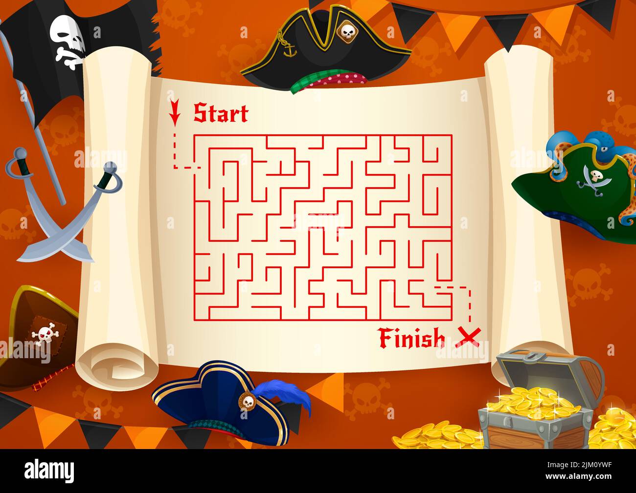 Labyrinth maze. Pirate treasure map with tricorn, cocked hat, sabers