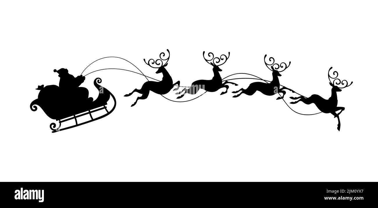 Santa Claus with a bag of gifts rides in a sleigh with reindeer, black vector silhouette isolated on white background. Christmas flat illustration for Stock Vector