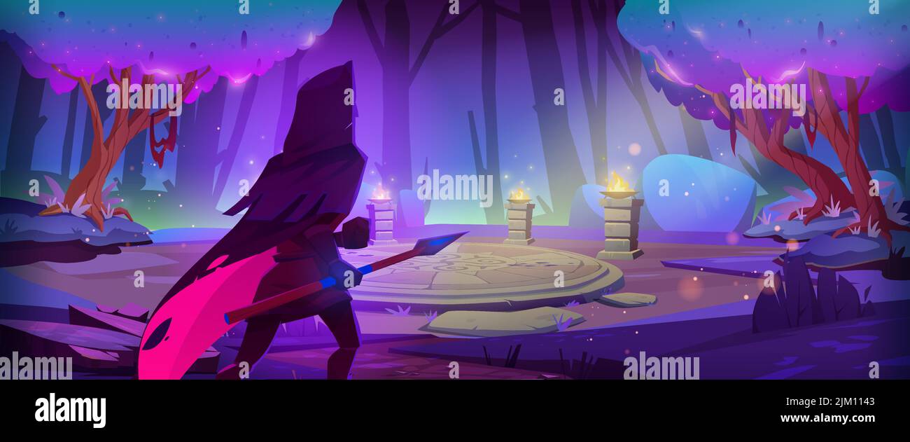 Fantasy ranger or warrior in cape with spear in night magic forest landscape with stone altar or portal under neon purple glowing trees. Fairy tale book or game personage, Cartoon vector illustration Stock Vector
