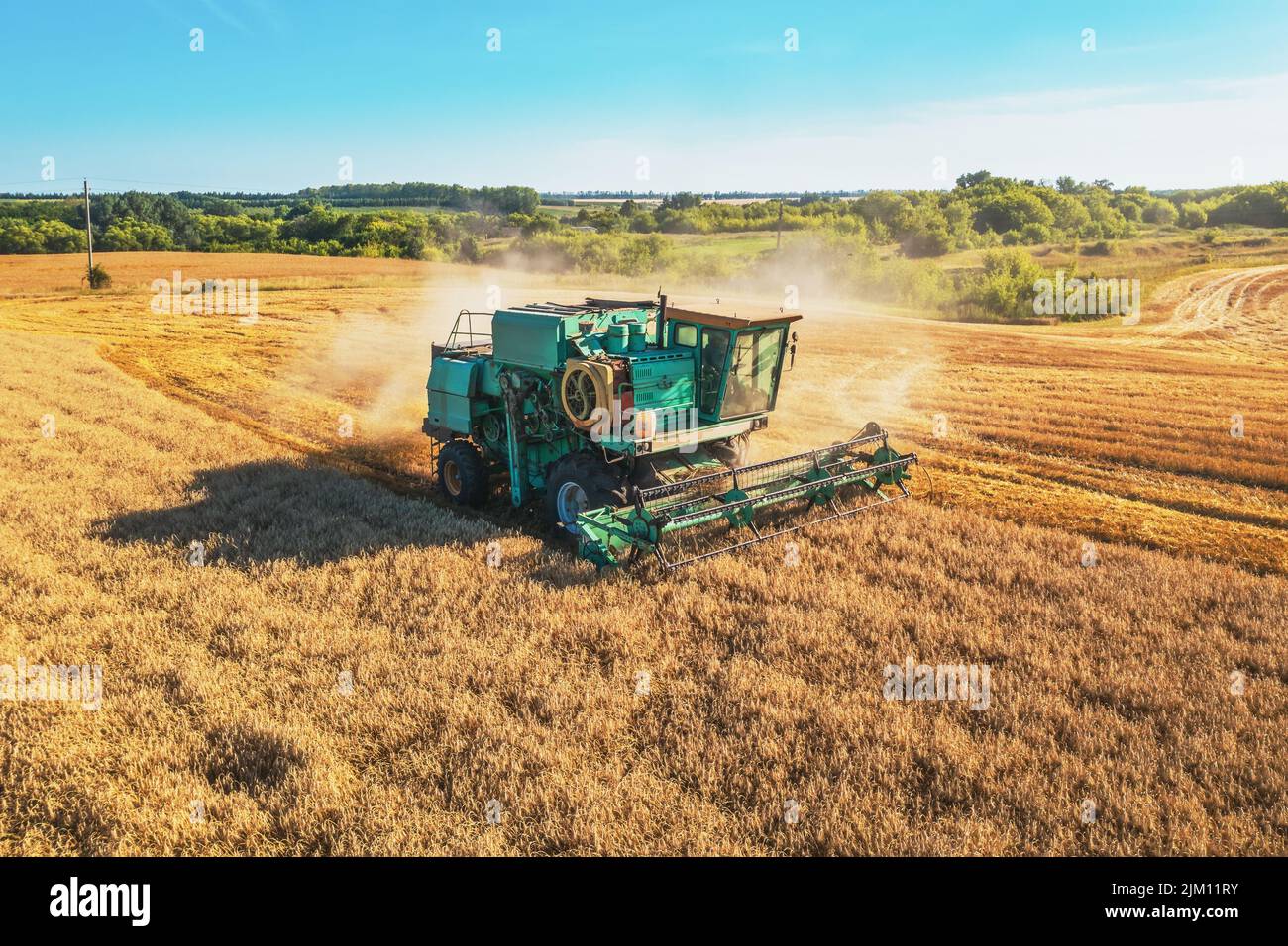 Combine harvester harvests ripe wheat aerial view. Agriculture field and farming concept. Stock Photo