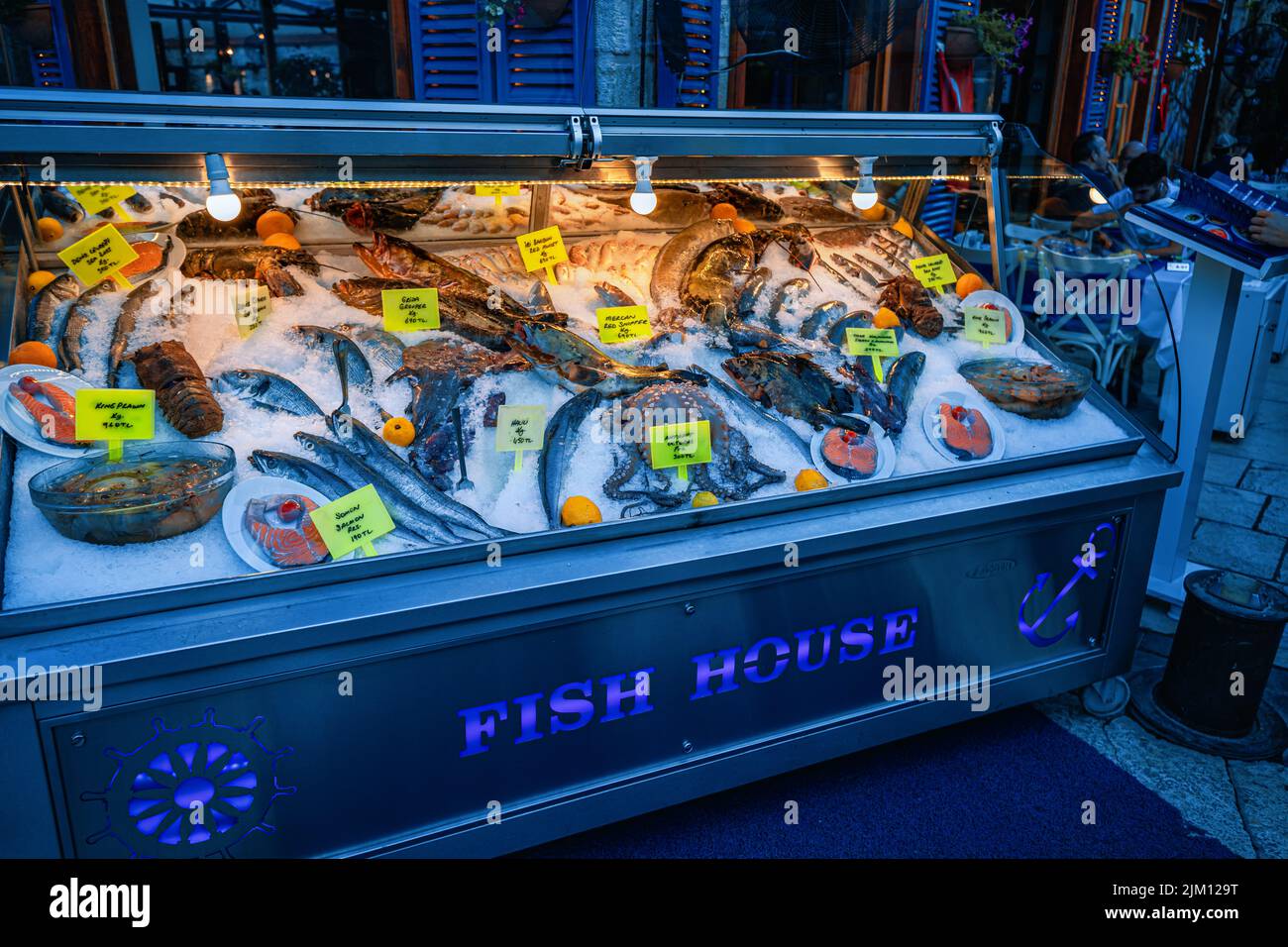 21 June 2022, Antalya, Turkey: an assortment of fresh fish and seafood is sold on display with ice. Stock Photo